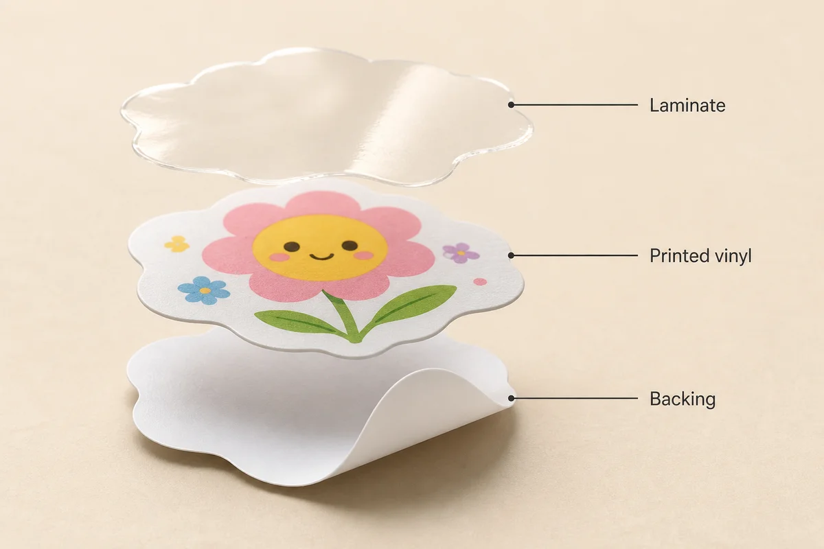 A die-cut sticker separated into its three layers: clear laminate, printed vinyl and peel-off backing